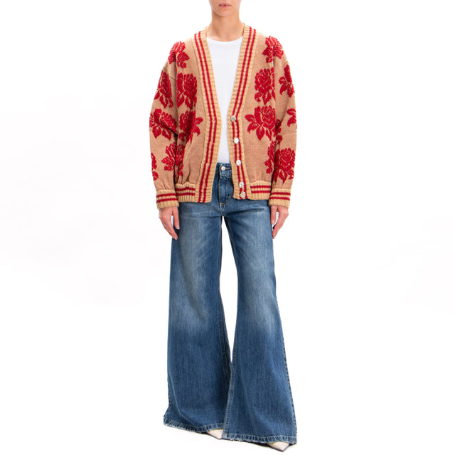 Tension in-Cardigan woven mixed alpaca - camel/red