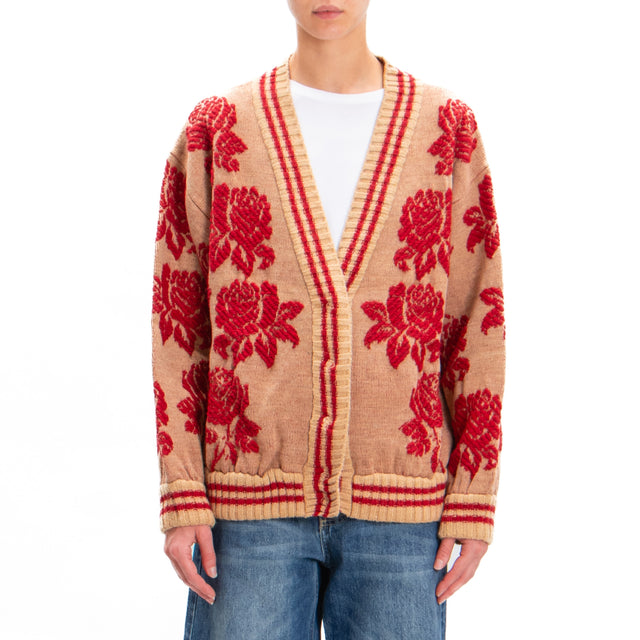 Tension in-Cardigan woven mixed alpaca - camel/red