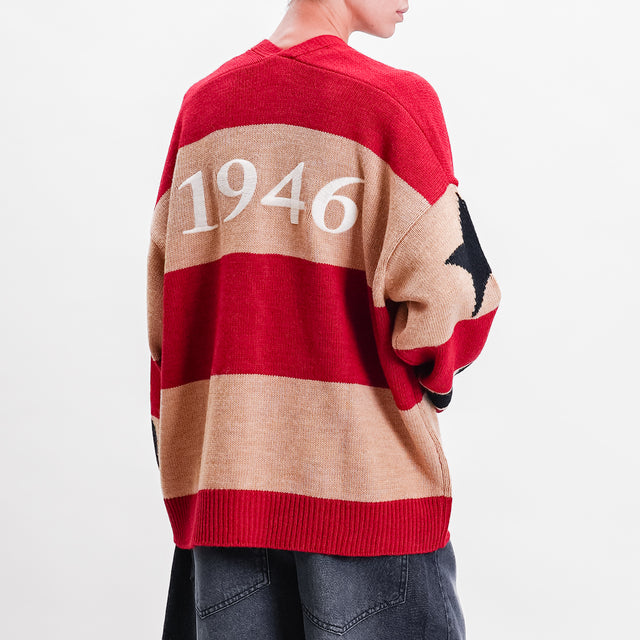 Tensione in-Cardigan over righe "1946" misto lana - rosso/cammello/nero