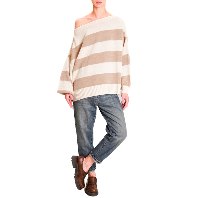 Tension in-Striped alpaca blend sweater - butter/hazelnut