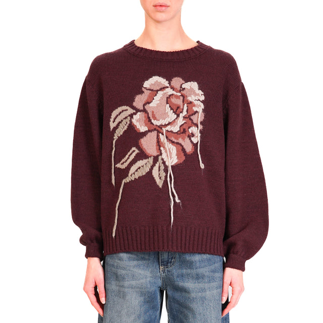 Tensione in-Maglia misto alpaca jaquard fiore - bordeaux/beige/rosa