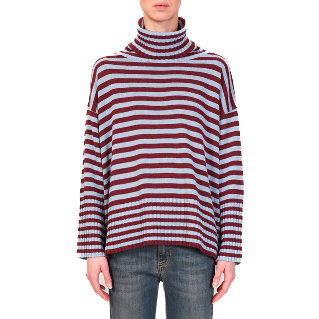 Tnsione in-Maglia misto cashmere collo alto a righ - bordeaux/azzurro