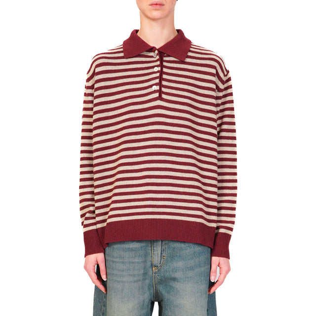 Tensione in-Maglia misto cashmere polo a righe - bordeaux/beige