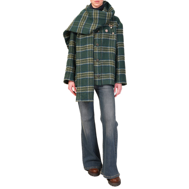 Tensione in-Cappotto check con sciarpa rimovibile - verde/latte/blu