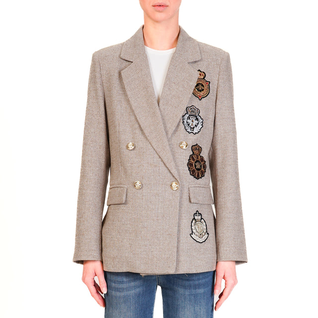 Tensione in-Giacca tweed doppiopetto con patch - beige