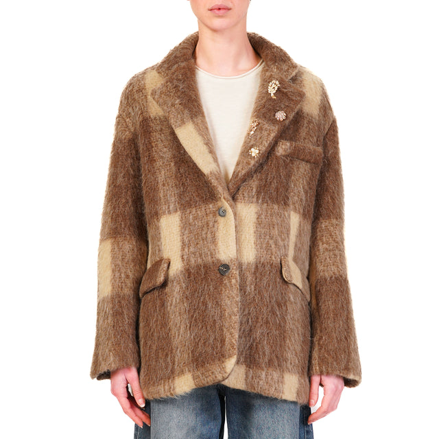 Tensione in-Cappotto mohair quadri con spille - cuoio/beige