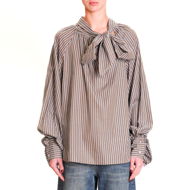 Tension in-Blouse Stripes with Bow - Coffee/Light Blue/White