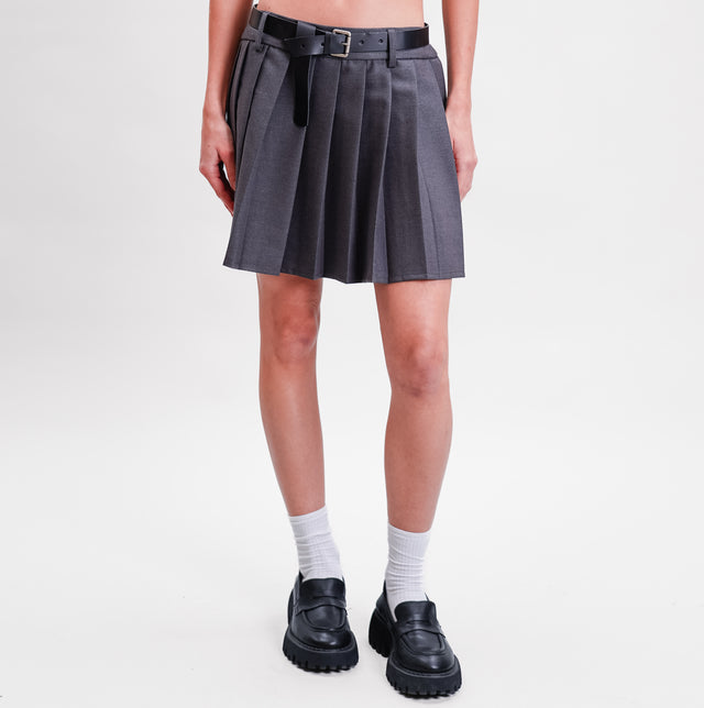 Tension in-Pleated Miniskirt with Belt - Melange Grey