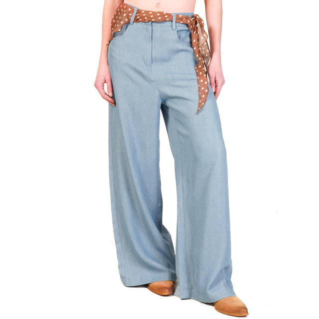 Tensione in-Pantalone chambray con foulard pois - denim/moka/rosa