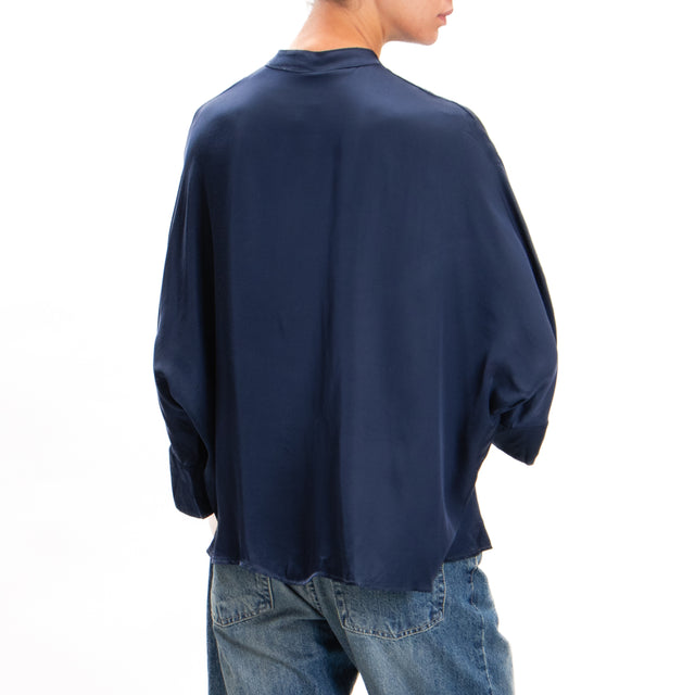 Tensione in-Camicia collo coreana in satin con taschino - blu