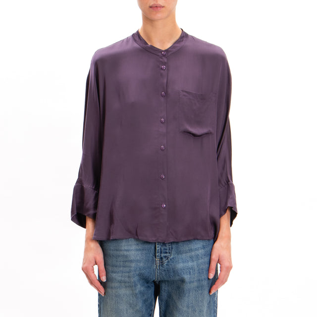 Tensione in-Camicia collo coreana in satin con taschino - prugna