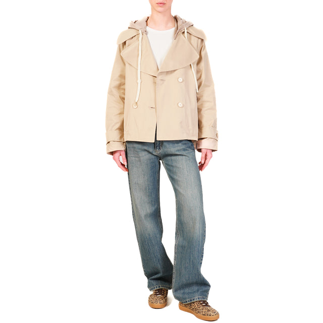 Tensione in-Trench in cotone con cappuccio nylon rimovibile - beige