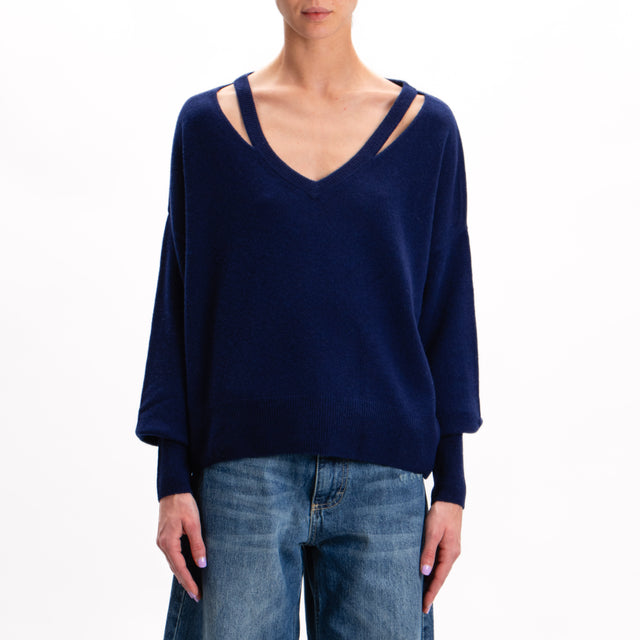 Tensione in-Maglia lana scollo v con cut out - blu