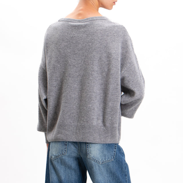 Tension in-V-neck wool sweater with cut out 100% wool SOFT - melange grey