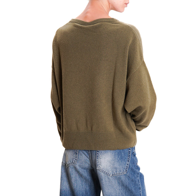 Tension in-V-Neck Wool Sweater with Cut Out - Military