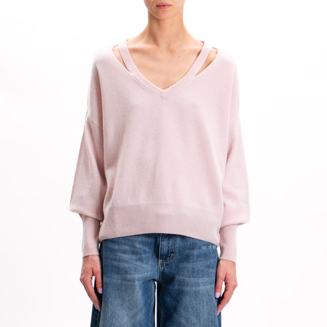 Tension in-V-neck wool sweater with cut out 100% wool SOFT - pink