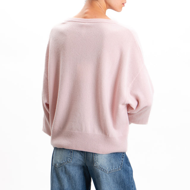 Tension in-V-neck wool sweater with cut out 100% wool SOFT - pink