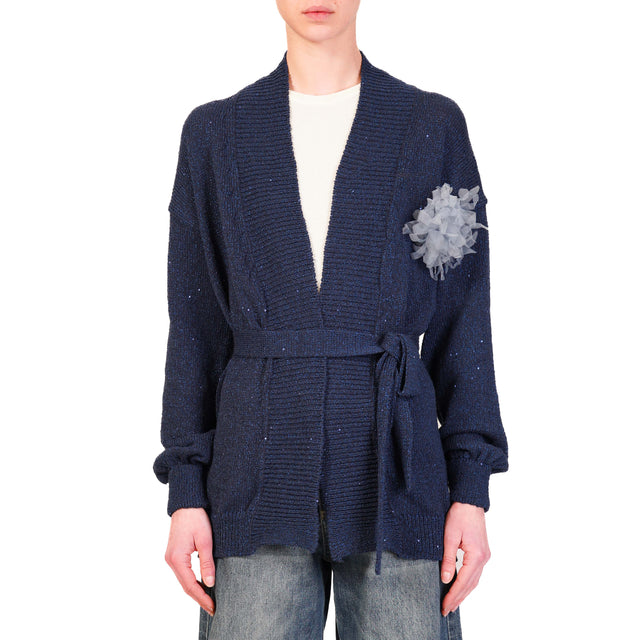 Kontatto-Cardigan micropaillettes con spilla - blu zaffiro