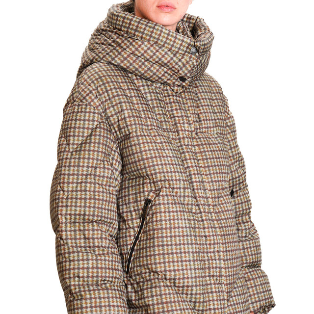 Vicolo-Houndstooth Down Jacket with Hood - Sage/Dark Brown/Military