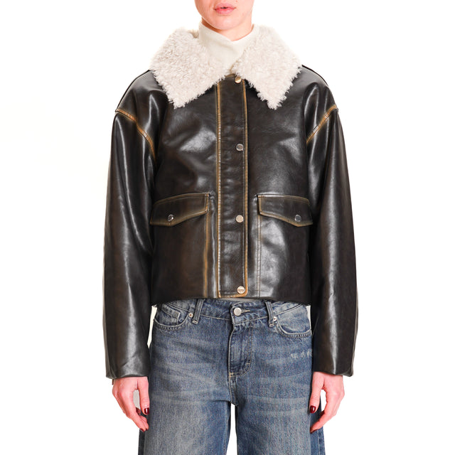 Vicolo-Aviator Jacket Faux Leather Crop - Black