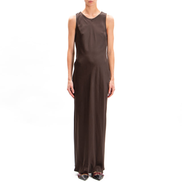 Vicolo-Satin Sleeveless Dress - Dark Brown