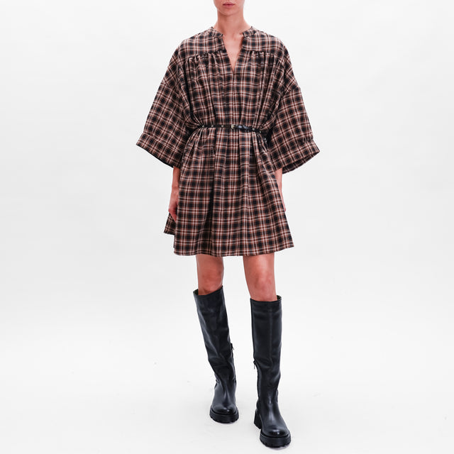 Vicolo-Check Dress with Belt - Tobacco/Black/Milk