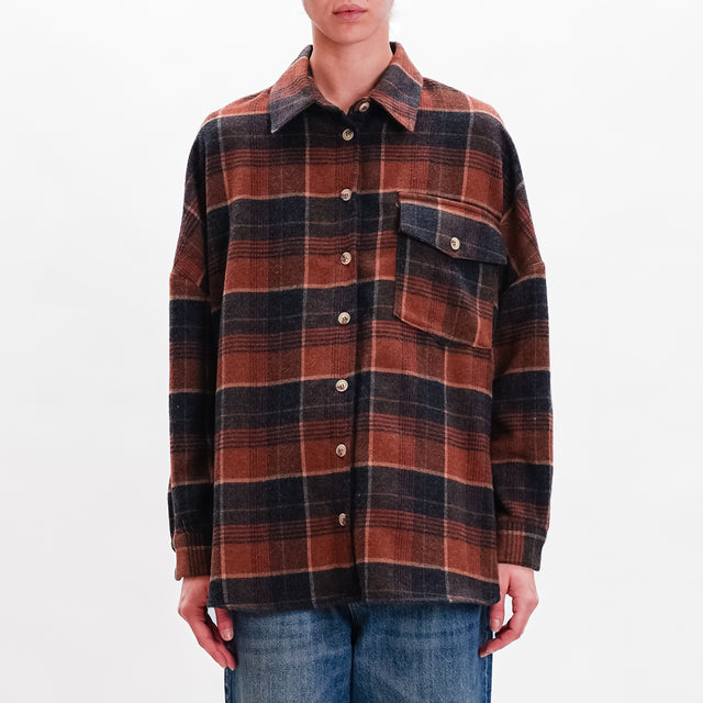 Vicolo-Check Shirt Wool Blend - Tobacco/Black