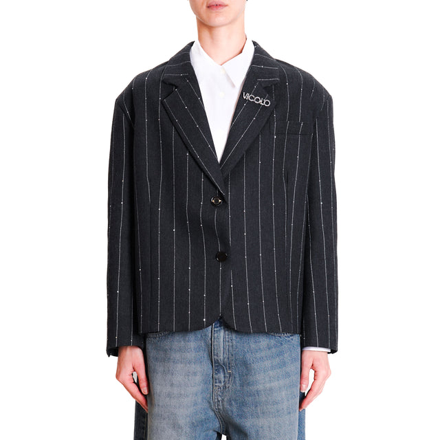 Vicolo-Micro Sequin Pinstripe Jacket - Black/Milk