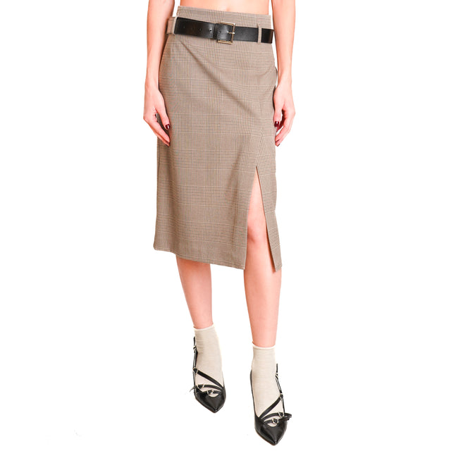 Vicolo-Prince of Wales Skirt with Slit - Beige/Dark Brown