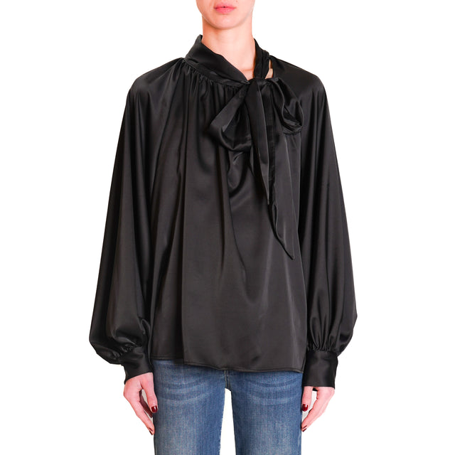 Vicolo-Satin Blouse with Jabot - Black