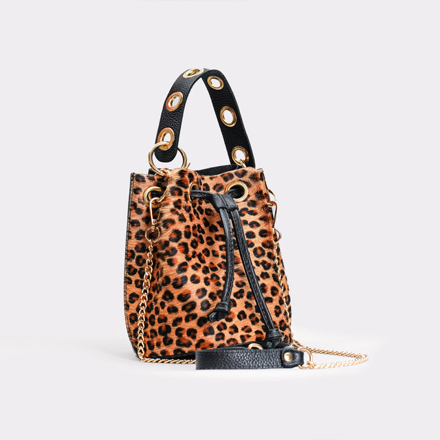 W by Whitemood-Spotted ponyskin bucket bag - black/beige