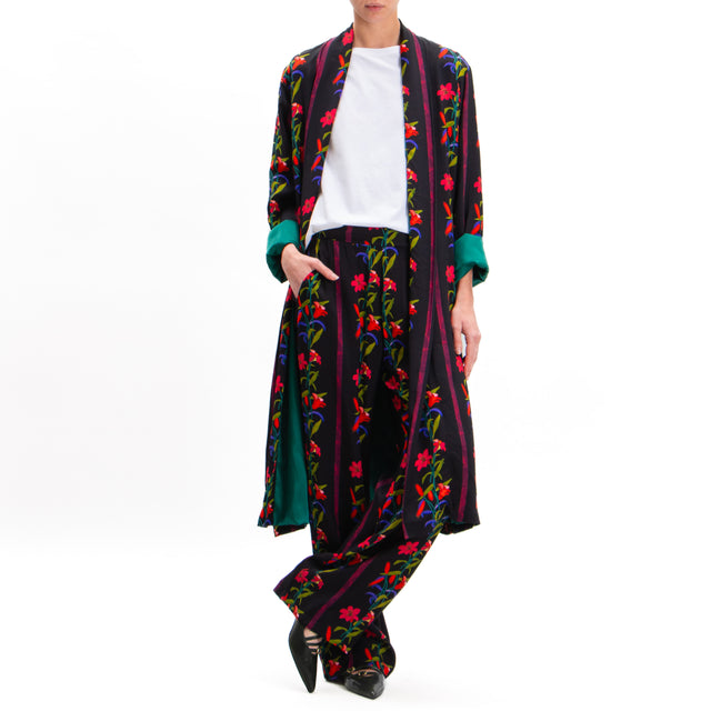 Wu'side-Floral Patterned Pants with Elastic Back - Black/Red/Olive