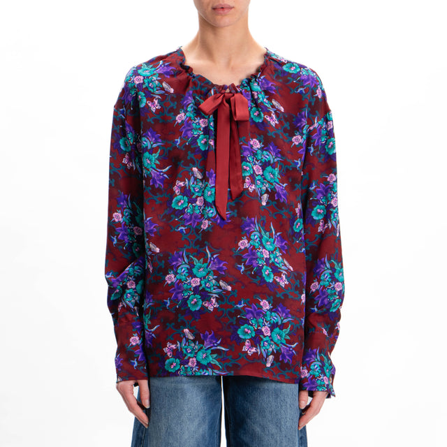 Wu'side-Blusa fantasia floreale - Bordeaux/acqua/viola