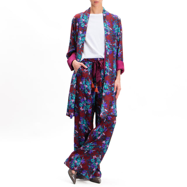 Wu'side-Floral Print Trousers - Bordeaux/Aqua/Purple