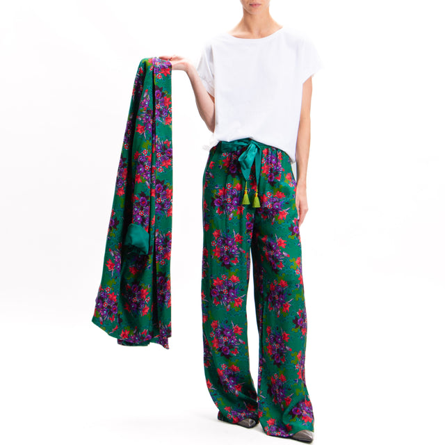 Wu'side-Pantalone fantasia floreale - verde/rosso/malva