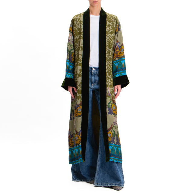 Wu'side-Kimono fantasia con bordi in velluto - salvia/militare/royal