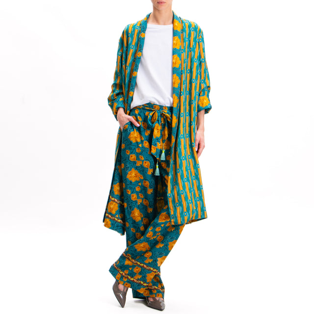 Wu'side-Floral Patterned Trousers - Teal/Mustard