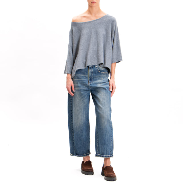 Zeroassoluto-Wide Sleeve Crop Top - Medium Grey Melange