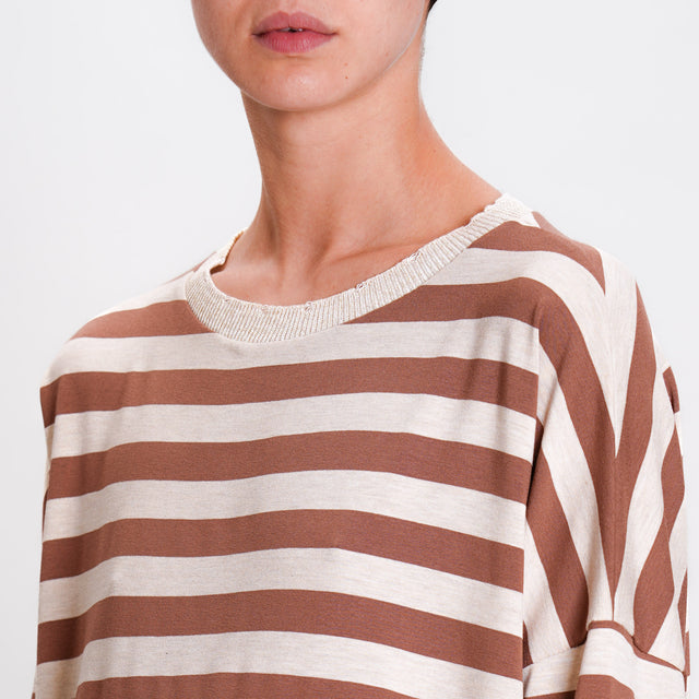 Zeroassoluto-T-shirt striped crew neck lurex - tobacco/beige