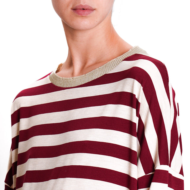 Zeroassoluto-Lurex crew-neck striped T-shirt - wine/beige