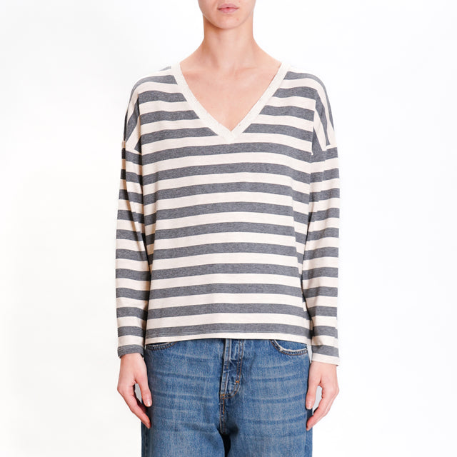 Zeroassoluto-T-shirt striped v-neck lurex - grey melange/beige