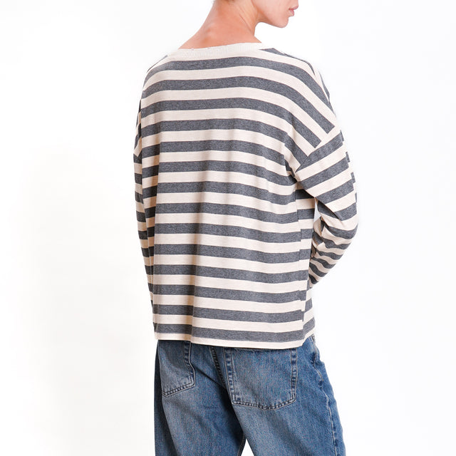 Zeroassoluto-T-shirt striped v-neck lurex - grey melange/beige