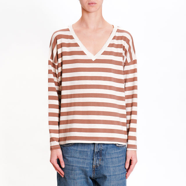 Zeroassoluto-T-shirt striped v-neck lurex - tobacco/beige