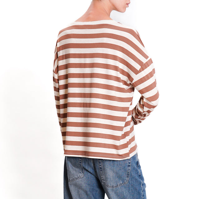 Zeroassoluto-T-shirt striped v-neck lurex - tobacco/beige