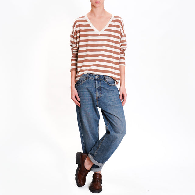 Zeroassoluto-T-shirt striped v-neck lurex - tobacco/beige