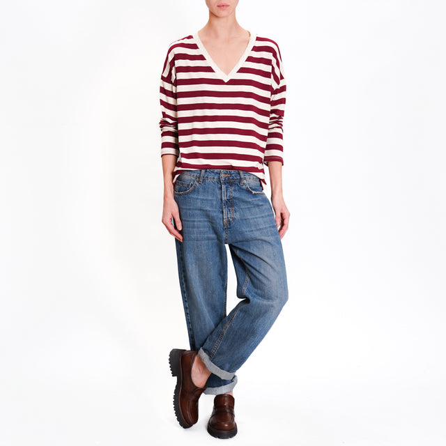 Zeroassoluto-T-shirt striped v-neck lurex - wine/beige