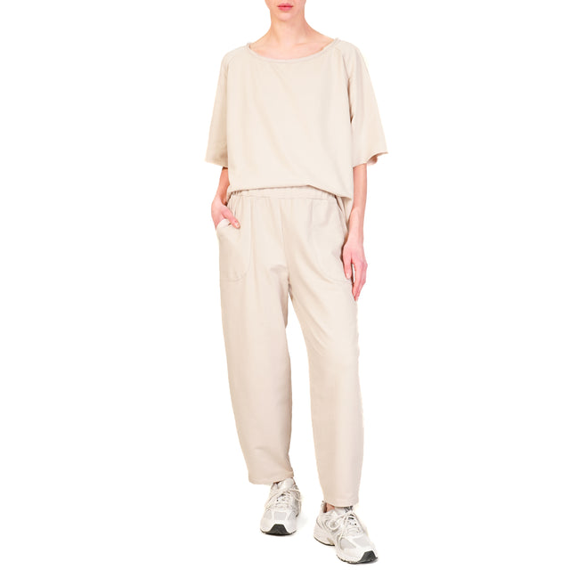 Zeroassoluto-Pantalone mom fit felpa light elastico in vita - beige