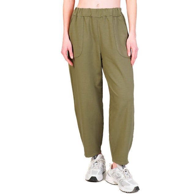 Zeroassoluto-Pantalone mom fit felpa light elastico in vita - militare