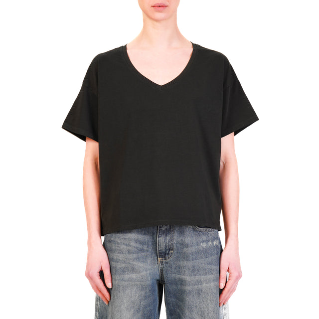 Zeroassoluto-T-shirt scollo v in cotone elasticizzato - nero