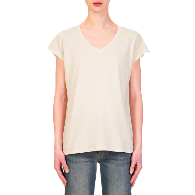 Zeroassoluto-T-shirt scollo v mezza manica cotone elasticizzato - beige